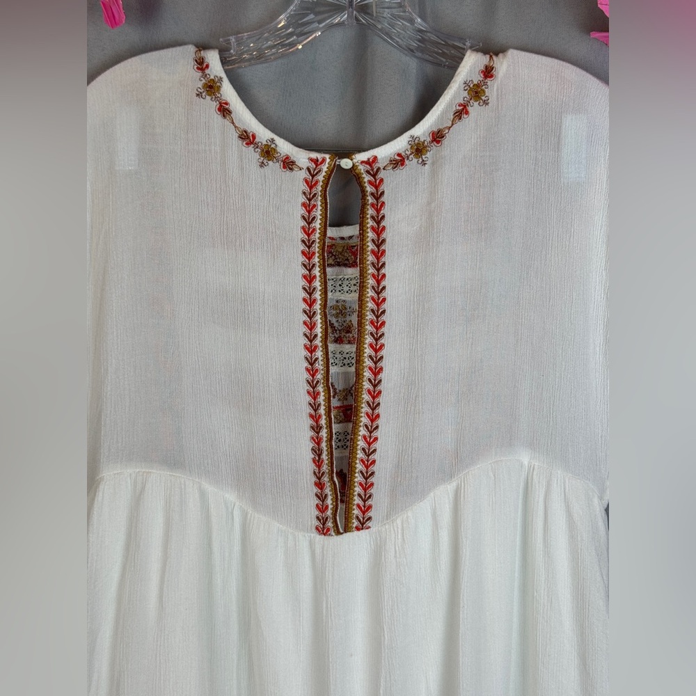 Free People Sunrise Wanderer Ivory Orange Embroidered Mini Dress - Size Small - Picture 8 of 16